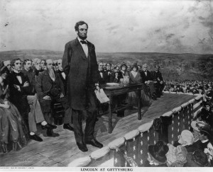 19th November 1863: Abraham Lincoln, the 16th President of the United States of America, making his famous 'Gettysburg Address' speech at the dedication of the Gettysburg National Cemetery during the American Civil War. Original Artwork: Painting by Fletcher C Ransom (Photo by Library Of Congress/Getty Images)